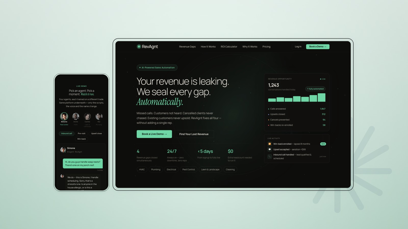 RevAgnt — AI sales automation site on desktop and mobile